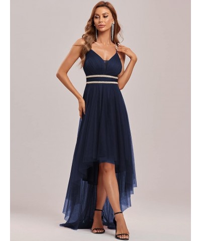 Women's Spaghetti V Neck A-line High-Low Party Dress Long Evening Dress 0212 Navy Blue $31.61 Dresses