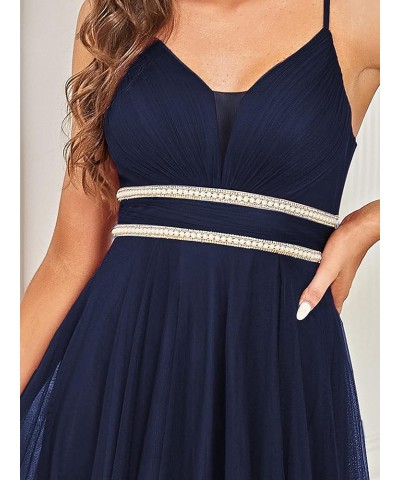 Women's Spaghetti V Neck A-line High-Low Party Dress Long Evening Dress 0212 Navy Blue $31.61 Dresses