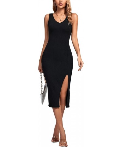 Women's Deep V Neck Split Side Sleeveless Bodycon Sexy Club Tank Midi Dress Black $23.45 Dresses