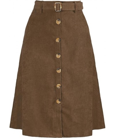 Women's High Waist Button Front A-Line Belted Corduroy Midi Skirt Coffee $17.33 Skirts