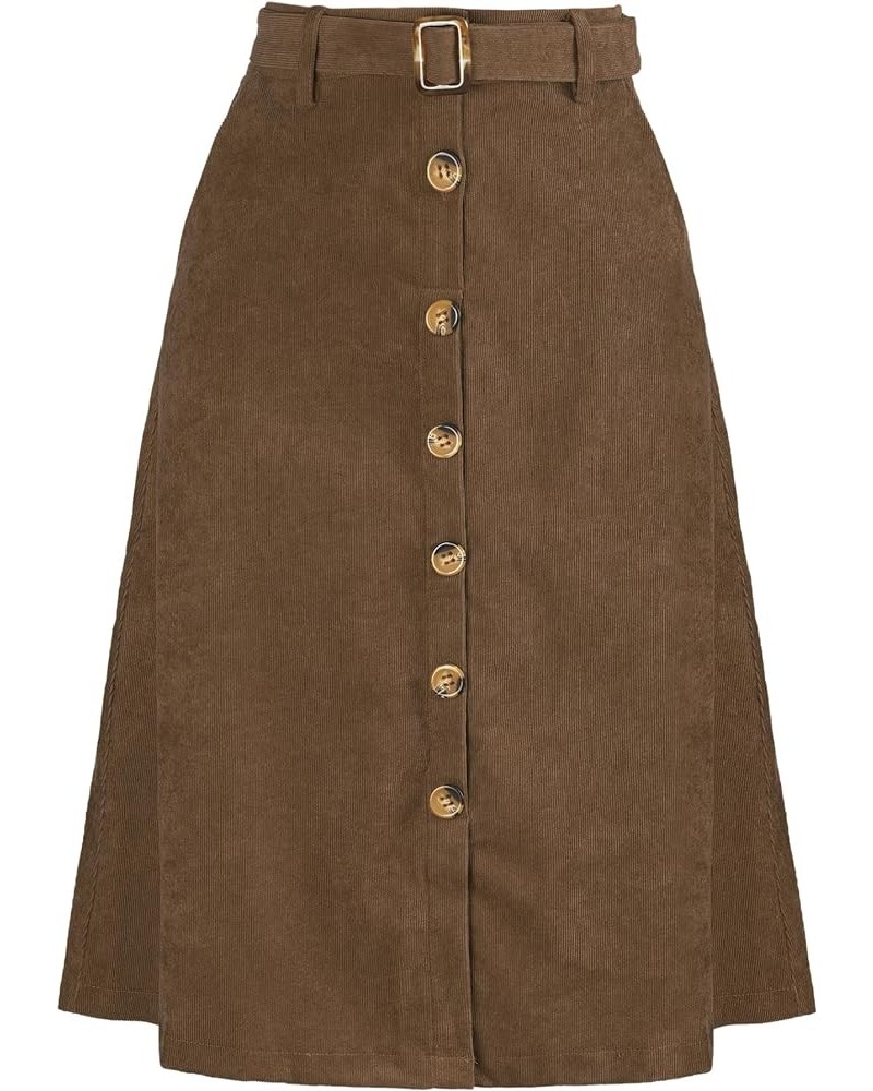 Women's High Waist Button Front A-Line Belted Corduroy Midi Skirt Coffee $17.33 Skirts