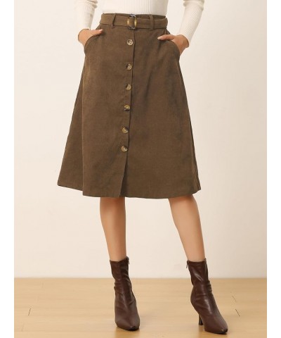 Women's High Waist Button Front A-Line Belted Corduroy Midi Skirt Coffee $17.33 Skirts