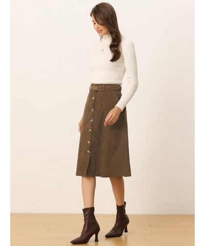 Women's High Waist Button Front A-Line Belted Corduroy Midi Skirt Coffee $17.33 Skirts