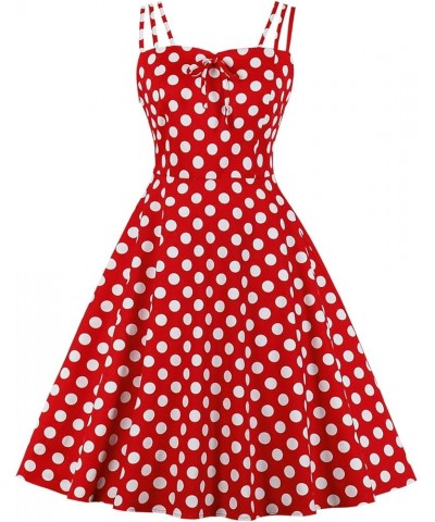 Women's Vintage Spaghetti Strap Polka Dot Printed Cocktail Party Dress Red-ruched $13.94 Dresses