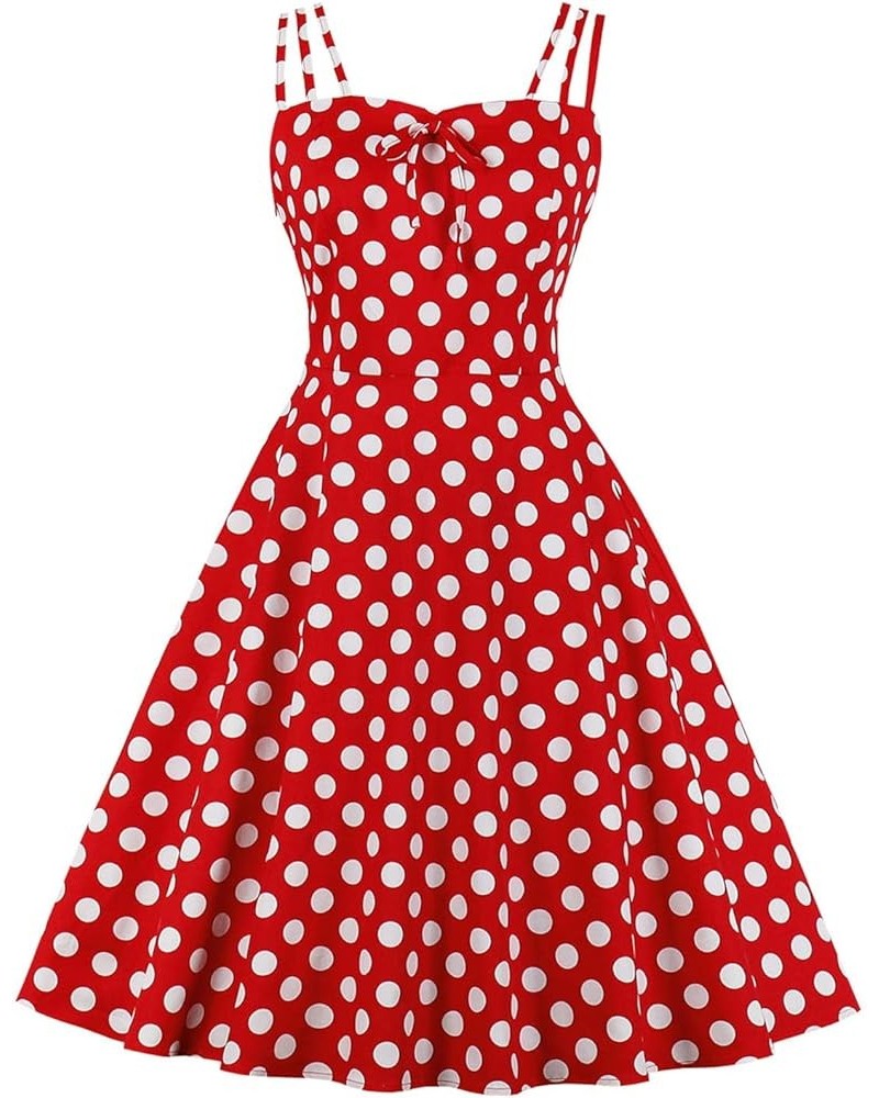 Women's Vintage Spaghetti Strap Polka Dot Printed Cocktail Party Dress Red-ruched $13.94 Dresses