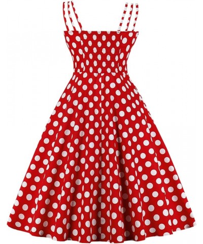 Women's Vintage Spaghetti Strap Polka Dot Printed Cocktail Party Dress Red-ruched $13.94 Dresses