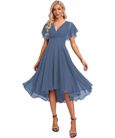 Women's Short Bridesmaid Dresses Flutter Sleeves Ruched Chiffon V Neck Formal Dress with Pockets CM198 Steel Blue $24.84 Dresses