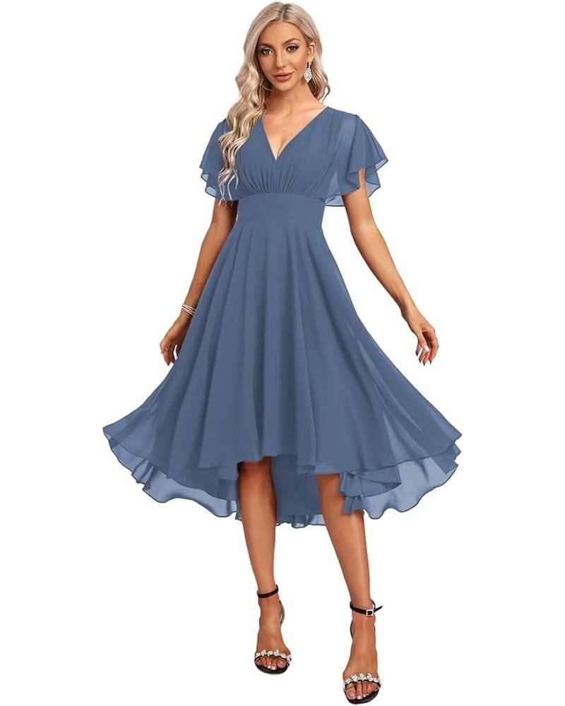 Women's Short Bridesmaid Dresses Flutter Sleeves Ruched Chiffon V Neck Formal Dress with Pockets CM198 Steel Blue $24.84 Dresses