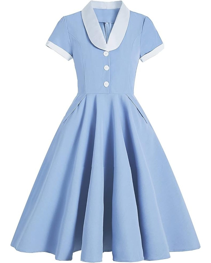 Women 1950s Vintage Short Sleeve Peter Pan Collar Retro Swing A Line Midi Summer Dress Cocktail Party Evening Prom Gown Blue+...