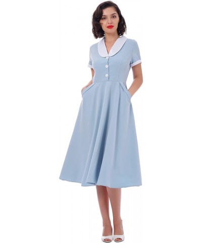 Women 1950s Vintage Short Sleeve Peter Pan Collar Retro Swing A Line Midi Summer Dress Cocktail Party Evening Prom Gown Blue+...