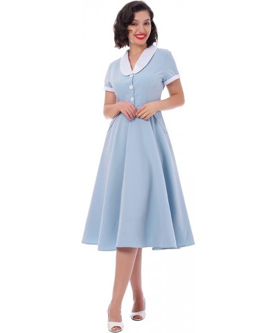 Women 1950s Vintage Short Sleeve Peter Pan Collar Retro Swing A Line Midi Summer Dress Cocktail Party Evening Prom Gown Blue+...