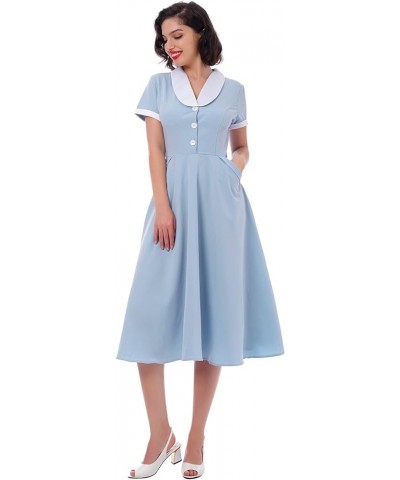 Women 1950s Vintage Short Sleeve Peter Pan Collar Retro Swing A Line Midi Summer Dress Cocktail Party Evening Prom Gown Blue+...