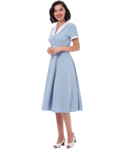 Women 1950s Vintage Short Sleeve Peter Pan Collar Retro Swing A Line Midi Summer Dress Cocktail Party Evening Prom Gown Blue+...