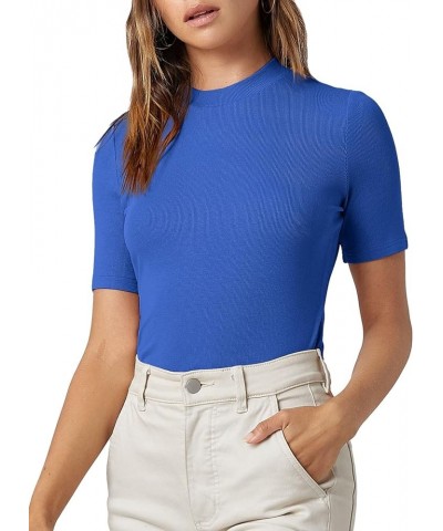 Women's Basic Mock Neck Short Sleeve Solid Rib Knit Tops Tee Shirts Royal Blue $16.23 T-Shirts