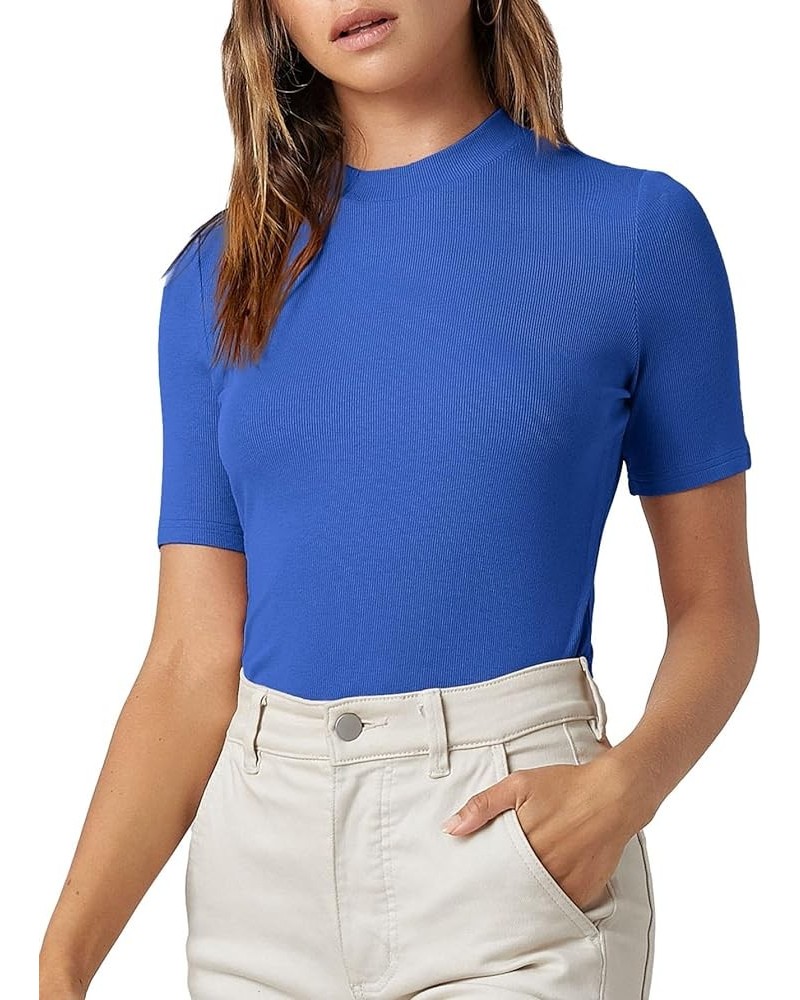 Women's Basic Mock Neck Short Sleeve Solid Rib Knit Tops Tee Shirts Royal Blue $16.23 T-Shirts