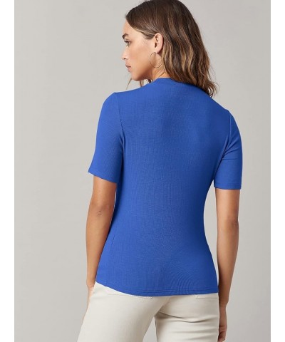 Women's Basic Mock Neck Short Sleeve Solid Rib Knit Tops Tee Shirts Royal Blue $16.23 T-Shirts