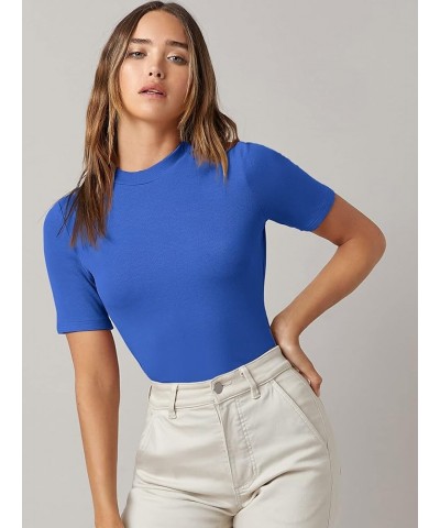 Women's Basic Mock Neck Short Sleeve Solid Rib Knit Tops Tee Shirts Royal Blue $16.23 T-Shirts