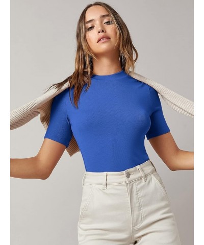 Women's Basic Mock Neck Short Sleeve Solid Rib Knit Tops Tee Shirts Royal Blue $16.23 T-Shirts