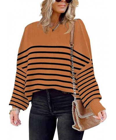 Womens Oversize Knit Striped Sweater Crewneck Long Sleeve Side Slit Batwing Ribbed Pullover Sweater Top Block Brown $17.20 Sw...