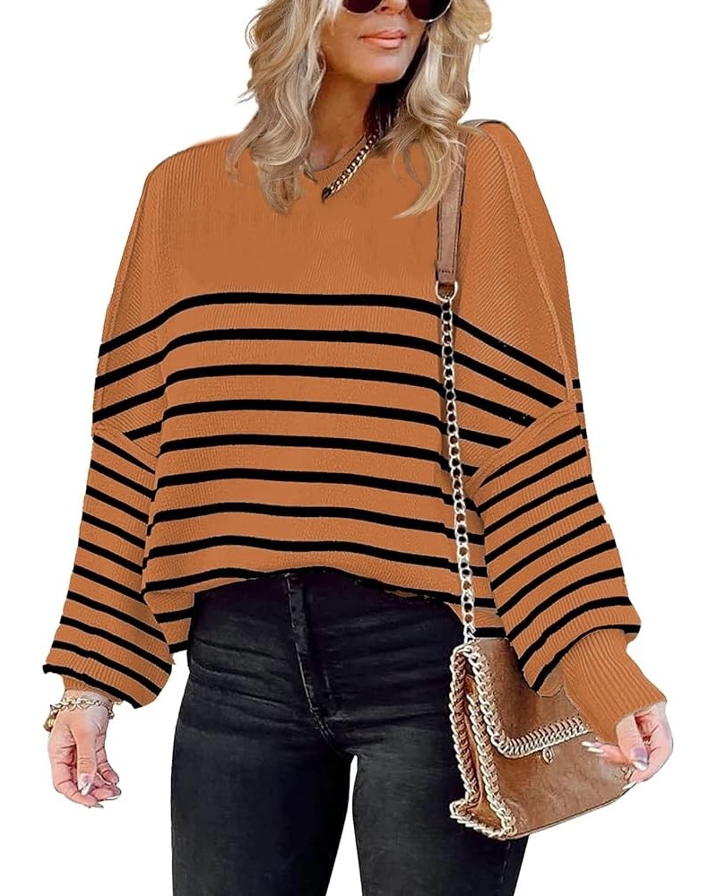 Womens Oversize Knit Striped Sweater Crewneck Long Sleeve Side Slit Batwing Ribbed Pullover Sweater Top Block Brown $17.20 Sw...