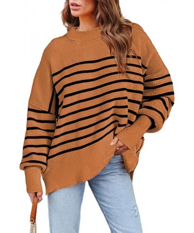 Womens Oversize Knit Striped Sweater Crewneck Long Sleeve Side Slit Batwing Ribbed Pullover Sweater Top Block Brown $17.20 Sw...