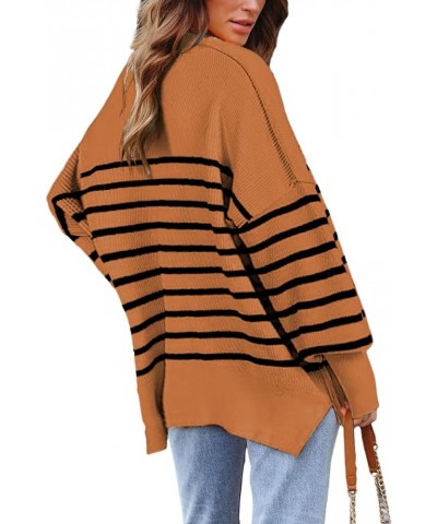 Womens Oversize Knit Striped Sweater Crewneck Long Sleeve Side Slit Batwing Ribbed Pullover Sweater Top Block Brown $17.20 Sw...