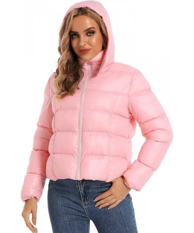 Pink Cropped Puffer Jacket Crop Puffer jacket Womens Black Bubble Coat with Hood Pink $13.61 Jackets