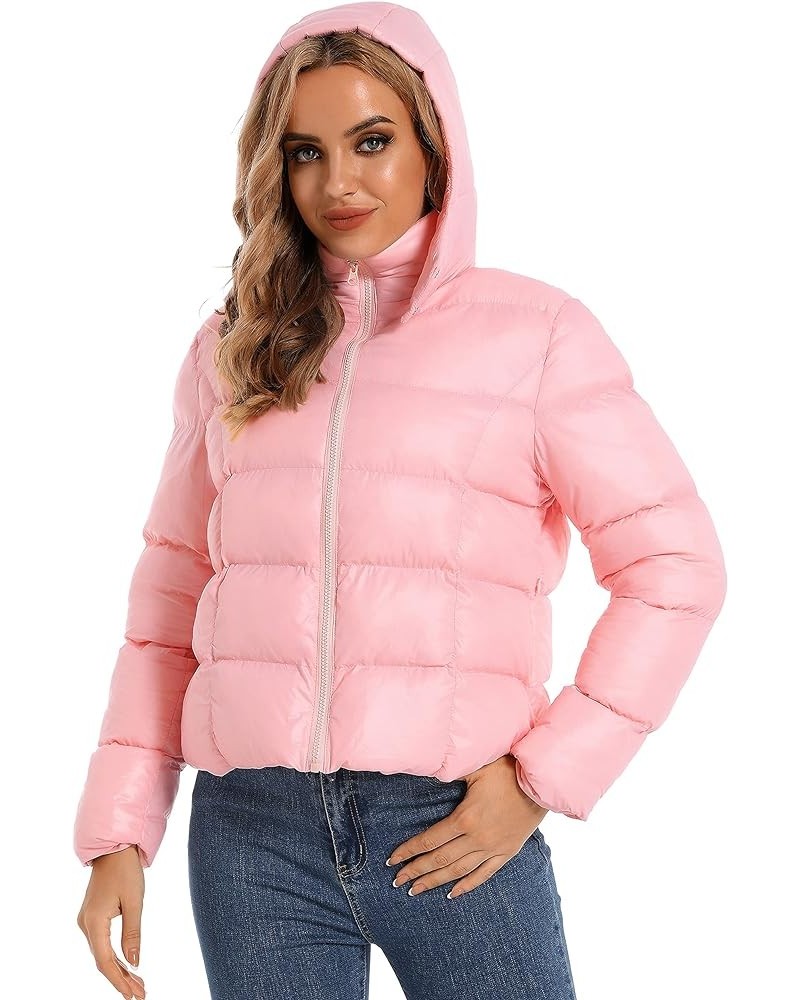 Pink Cropped Puffer Jacket Crop Puffer jacket Womens Black Bubble Coat with Hood Pink $13.61 Jackets