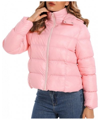 Pink Cropped Puffer Jacket Crop Puffer jacket Womens Black Bubble Coat with Hood Pink $13.61 Jackets