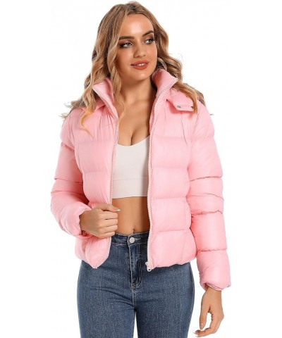 Pink Cropped Puffer Jacket Crop Puffer jacket Womens Black Bubble Coat with Hood Pink $13.61 Jackets