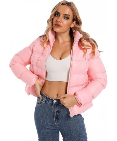 Pink Cropped Puffer Jacket Crop Puffer jacket Womens Black Bubble Coat with Hood Pink $13.61 Jackets