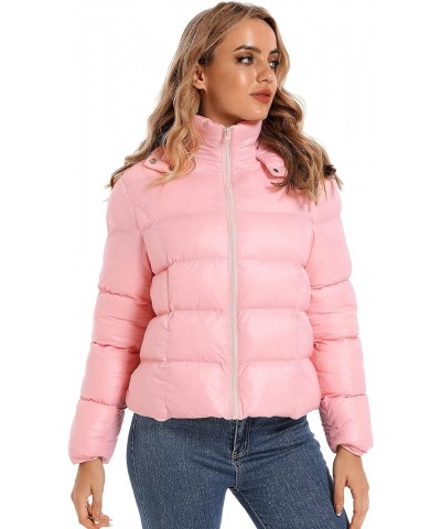 Pink Cropped Puffer Jacket Crop Puffer jacket Womens Black Bubble Coat with Hood Pink $13.61 Jackets