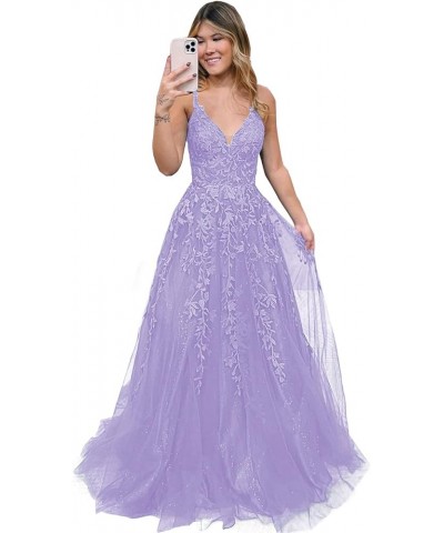 Women's V Neck Lace Long Prom Dresses 2024 Appliqued Tulle Ball Gown Formal Evening Dress for Teens BI007 Lavender $37.62 Dre...