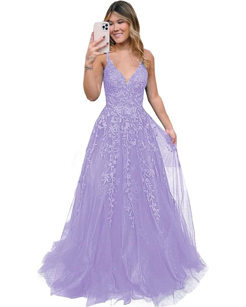 Women's V Neck Lace Long Prom Dresses 2024 Appliqued Tulle Ball Gown Formal Evening Dress for Teens BI007 Lavender $37.62 Dre...