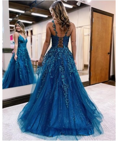 Women's V Neck Lace Long Prom Dresses 2024 Appliqued Tulle Ball Gown Formal Evening Dress for Teens BI007 Lavender $37.62 Dre...