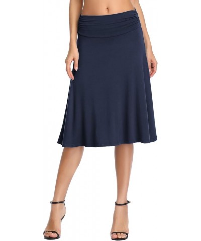 Women's Ruched High Waist Knee Length Jersey A-Line Stretchy Flared Casual Skirt Navy Blue $17.03 Skirts