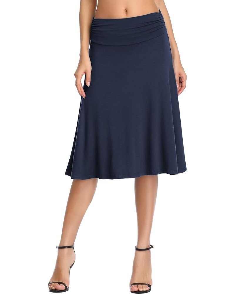 Women's Ruched High Waist Knee Length Jersey A-Line Stretchy Flared Casual Skirt Navy Blue $17.03 Skirts