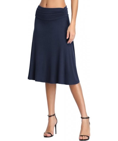 Women's Ruched High Waist Knee Length Jersey A-Line Stretchy Flared Casual Skirt Navy Blue $17.03 Skirts