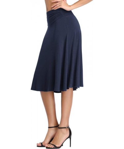 Women's Ruched High Waist Knee Length Jersey A-Line Stretchy Flared Casual Skirt Navy Blue $17.03 Skirts