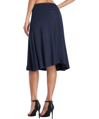 Women's Ruched High Waist Knee Length Jersey A-Line Stretchy Flared Casual Skirt Navy Blue $17.03 Skirts