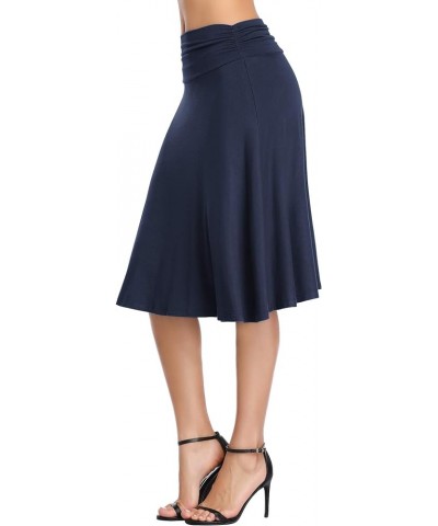 Women's Ruched High Waist Knee Length Jersey A-Line Stretchy Flared Casual Skirt Navy Blue $17.03 Skirts