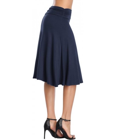 Women's Ruched High Waist Knee Length Jersey A-Line Stretchy Flared Casual Skirt Navy Blue $17.03 Skirts