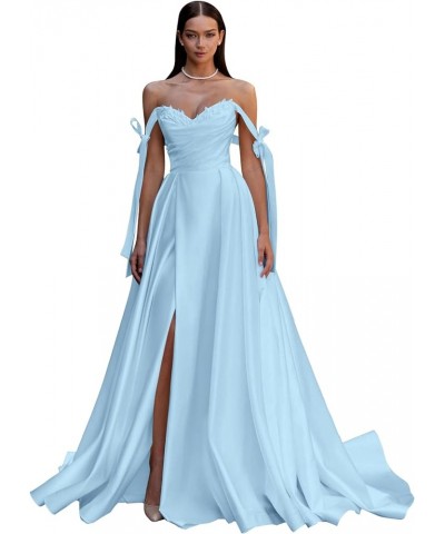 Satin Prom Dress 2024 Off The Shoulder Ball Gown Long Wedding Dress A-Line Applique Formal Evening Gown with Slit Light Blue ...