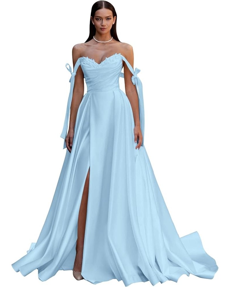 Satin Prom Dress 2024 Off The Shoulder Ball Gown Long Wedding Dress A-Line Applique Formal Evening Gown with Slit Light Blue ...