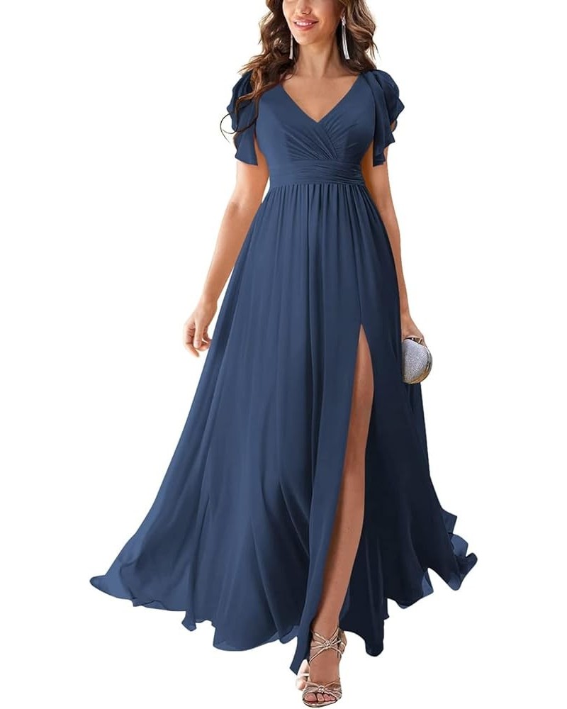 Women's Chiffon Bridesmaid Dresses with Sleeves 2023 V-Neck High Slit Formal Gowns Long Navy Blue $20.91 Dresses