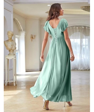 Women's Chiffon Bridesmaid Dresses with Sleeves 2023 V-Neck High Slit Formal Gowns Long Navy Blue $20.91 Dresses