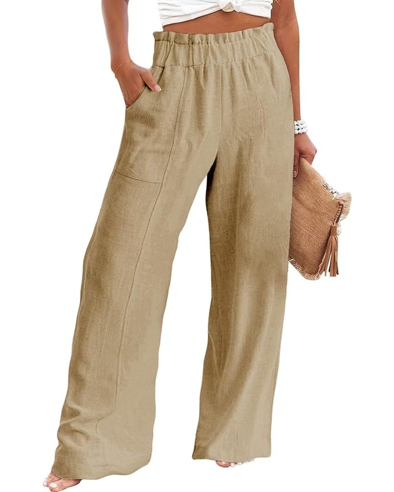 Women's Casual Wide Leg Paperbag Linen Palazzo Pants Fall 2023 Khaki $17.50 Pants