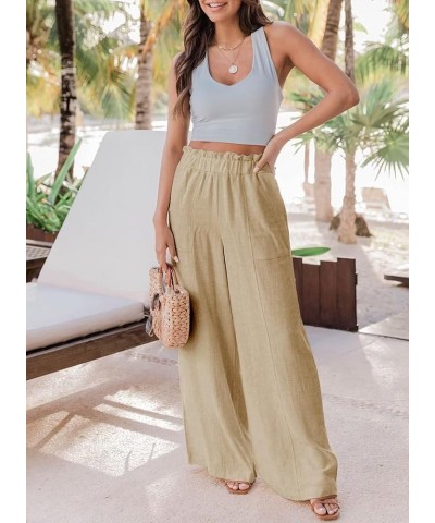 Women's Casual Wide Leg Paperbag Linen Palazzo Pants Fall 2023 Khaki $17.50 Pants