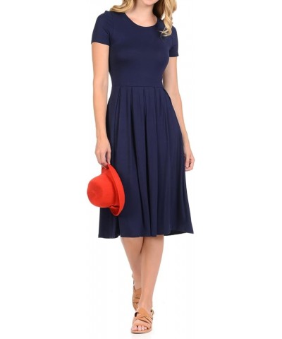 Women's Short Sleeve Pleated Midi Dress with Pockets Casual Formal Summer Navy $10.19 Dresses