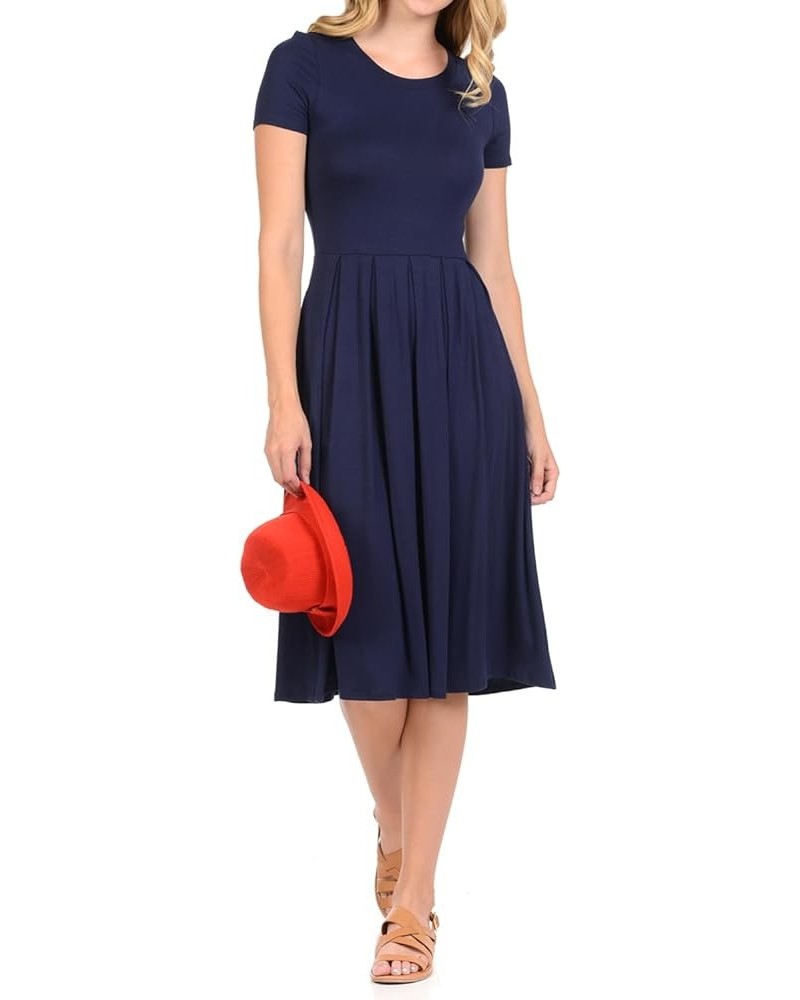 Women's Short Sleeve Pleated Midi Dress with Pockets Casual Formal Summer Navy $10.19 Dresses